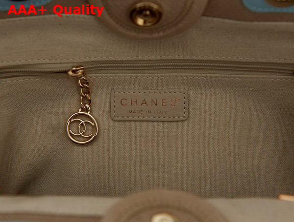 Chanel Small Shopping Bag in Beige Mixed Fibers and Light Blue Leather Replica