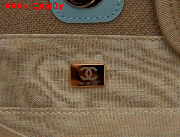 Chanel Small Shopping Bag in Beige Mixed Fibers and Light Blue Leather Replica