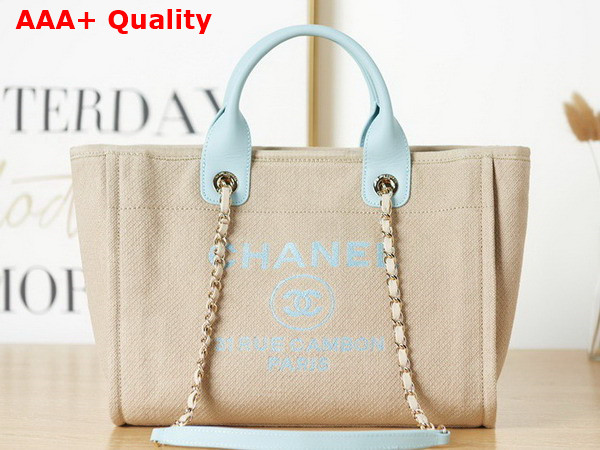 Chanel Small Shopping Bag in Beige Mixed Fibers and Light Blue Leather Replica