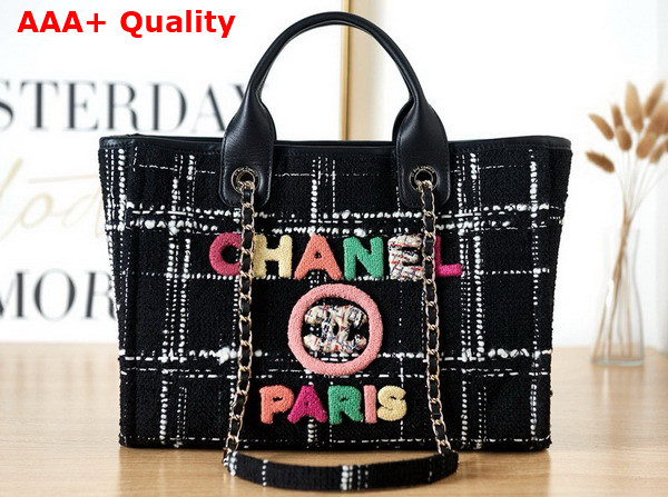 Chanel Small Shopping Bag in Black and White Tweed with Multicolor Embroidered Chanel Letter Replica