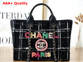 Chanel Small Shopping Bag in Black and White Tweed with Multicolor Embroidered Chanel Letter Replica