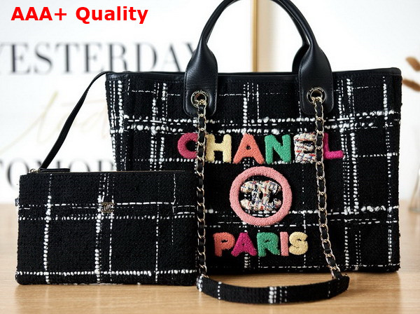 Chanel Small Shopping Bag in Black and White Tweed with Multicolor Embroidered Chanel Letter Replica