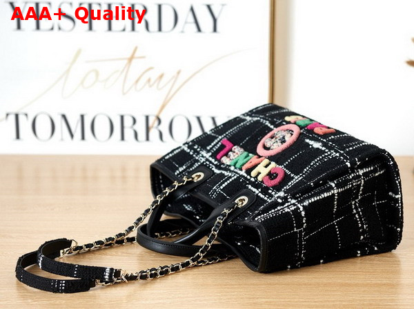 Chanel Small Shopping Bag in Black and White Tweed with Multicolor Embroidered Chanel Letter Replica