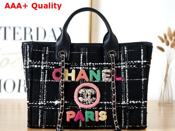 Chanel Small Shopping Bag in Black and White Tweed with Multicolor Embroidered Chanel Letter Replica