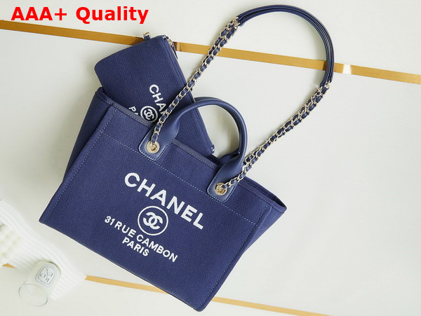 Chanel Small Shopping Bag in Blue Mixed Fibers Calfskin and Gold Tone Metal AS3257 Replica