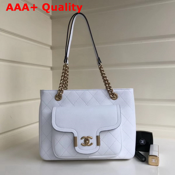 Chanel Small Shopping Bag in White Grained Calfskin with Ruthnium Tone Metal Replica