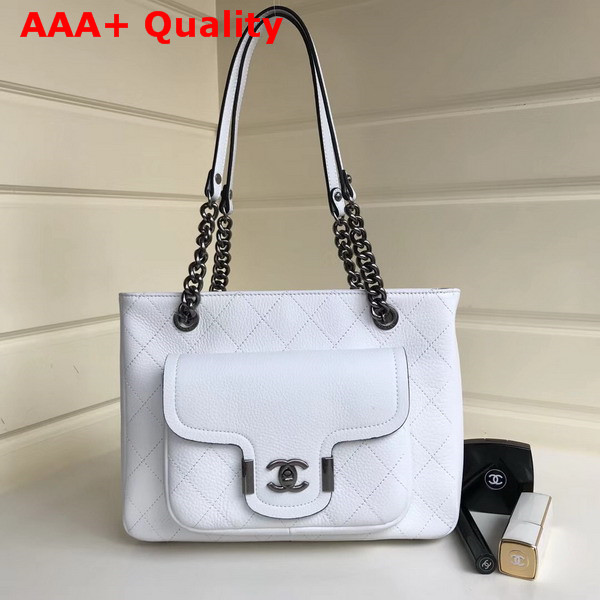 Chanel Small Shopping Bag in White Grained Calfskin with Ruthnium Tone Metal Replica