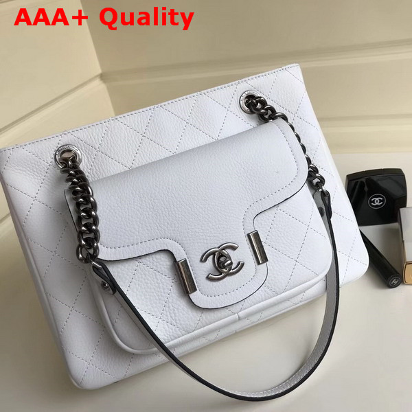 Chanel Small Shopping Bag in White Grained Calfskin with Ruthnium Tone Metal Replica