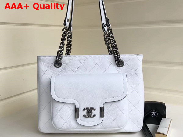 Chanel Small Shopping Bag in White Grained Calfskin with Ruthnium Tone Metal Replica