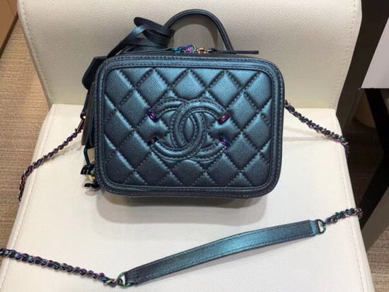 Chanel Small Vanity Case Dark Turquoise Grained Metallic Lambskin Iridescent Metal