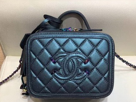 Chanel Small Vanity Case Dark Turquoise Grained Metallic Lambskin Iridescent Metal