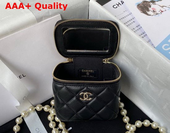 Chanel Small Vanity Case in Black Lambskin with Pearl Shoulder Strap Replica