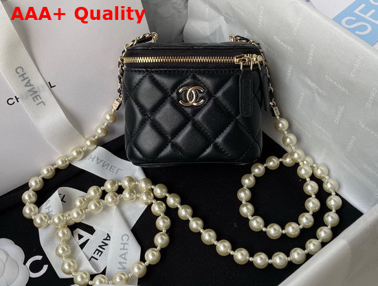 Chanel Small Vanity Case in Black Lambskin with Pearl Shoulder Strap Replica