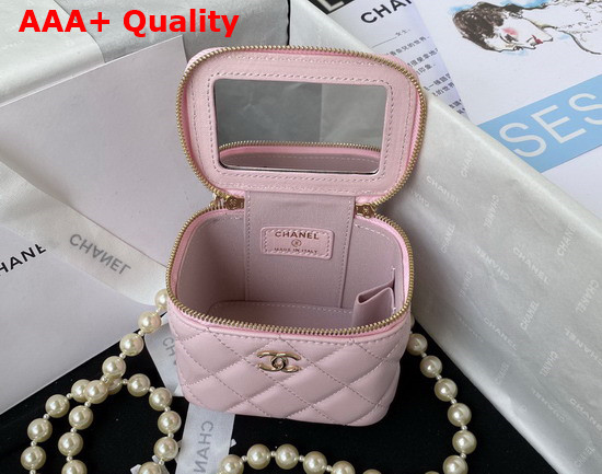 Chanel Small Vanity Case in Pink Lambskin with Pearl Shoulder Strap Replica