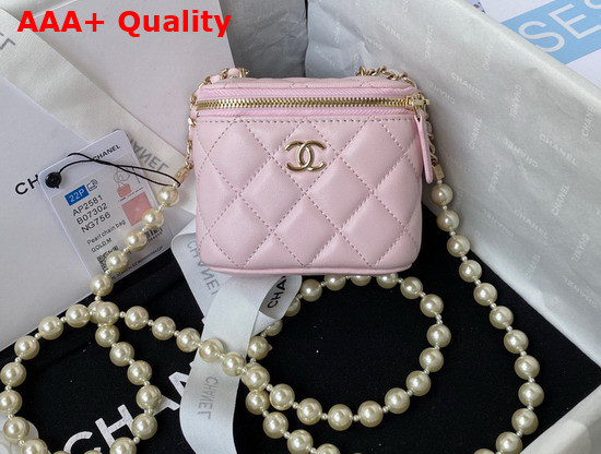 Chanel Small Vanity Case in Pink Lambskin with Pearl Shoulder Strap Replica