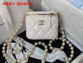 Chanel Small Vanity Case in White Lambskin with Pearl Shoulder Strap Replica