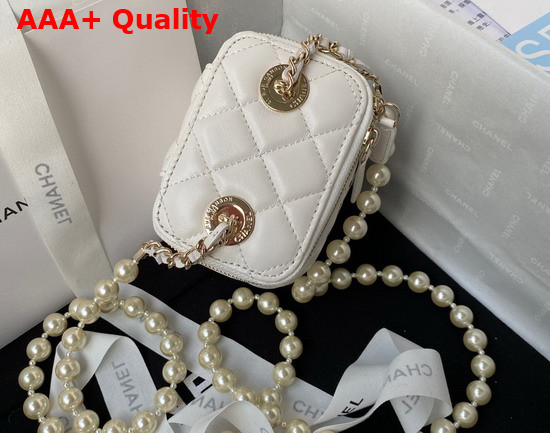 Chanel Small Vanity Case in White Lambskin with Pearl Shoulder Strap Replica