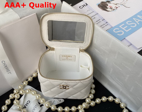 Chanel Small Vanity Case in White Lambskin with Pearl Shoulder Strap Replica