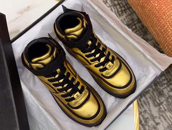 Chanel Sneaker Boot Satin Finish Metallic Lambskin Gold and Black