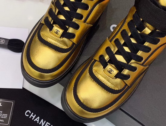 Chanel Sneaker Boot Satin Finish Metallic Lambskin Gold and Black