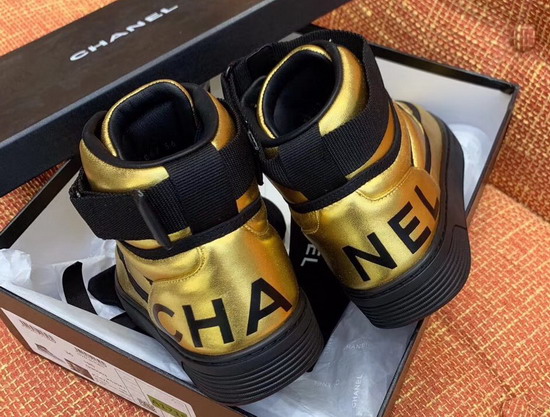 Chanel Sneaker Boot Satin Finish Metallic Lambskin Gold and Black