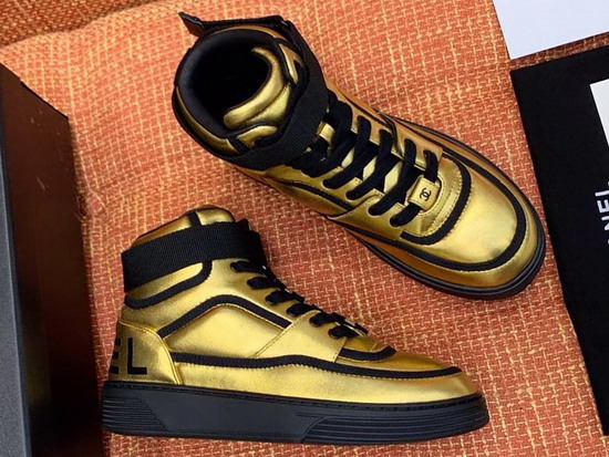 Chanel Sneaker Boot Satin Finish Metallic Lambskin Gold and Black