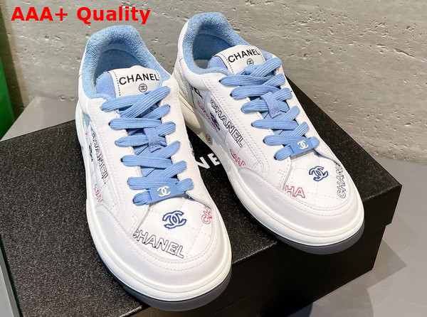 Chanel Sneaker in Embroidered Calfskin White and Light Blue Replica