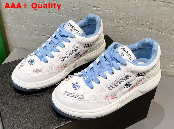 Chanel Sneaker in Embroidered Calfskin White and Light Blue Replica