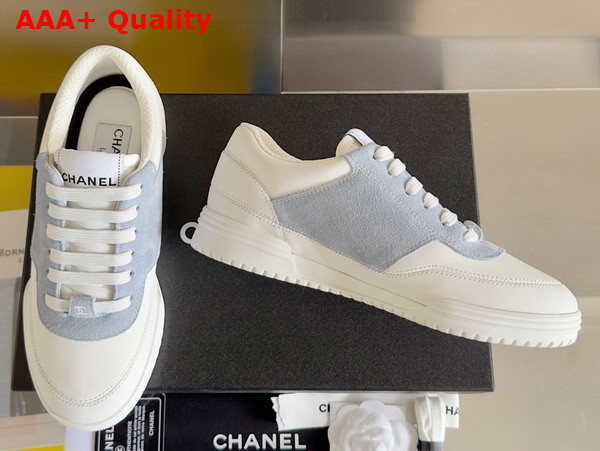 Chanel Sneaker in White Calf Leather and Pale Blue Suede Leather Replica