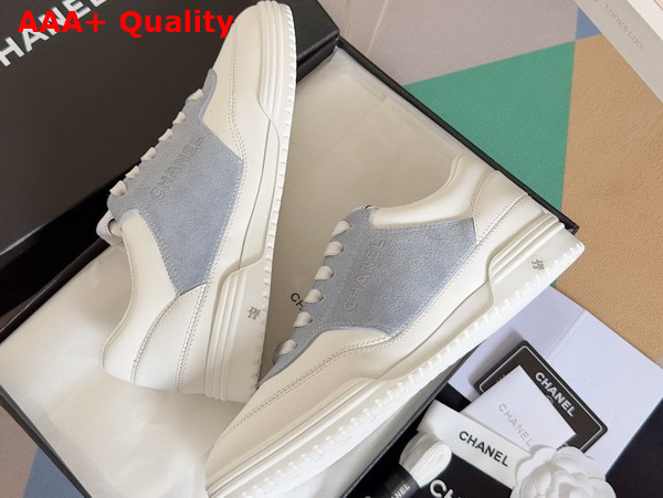 Chanel Sneaker in White Calf Leather and Pale Blue Suede Leather Replica