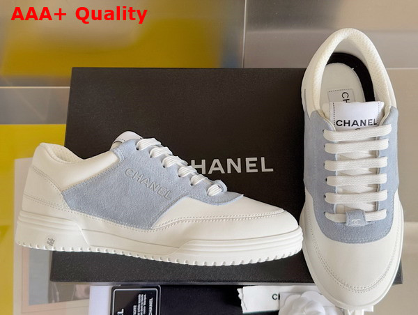 Chanel Sneaker in White Calf Leather and Pale Blue Suede Leather Replica