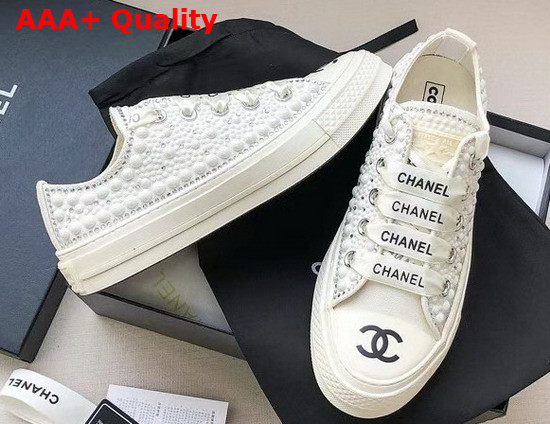 Chanel Sneaker in White Canvas Allover Glass Pearls Replica