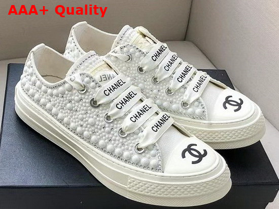 Chanel Sneaker in White Canvas Allover Glass Pearls Replica