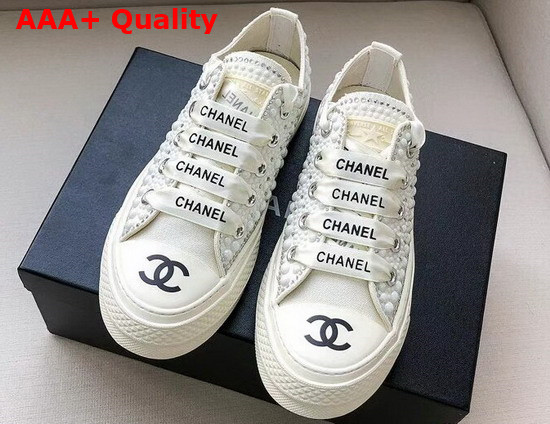 Chanel Sneaker in White Canvas Allover Glass Pearls Replica