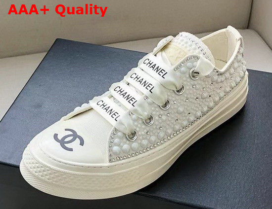 Chanel Sneaker in White Canvas Allover Glass Pearls Replica