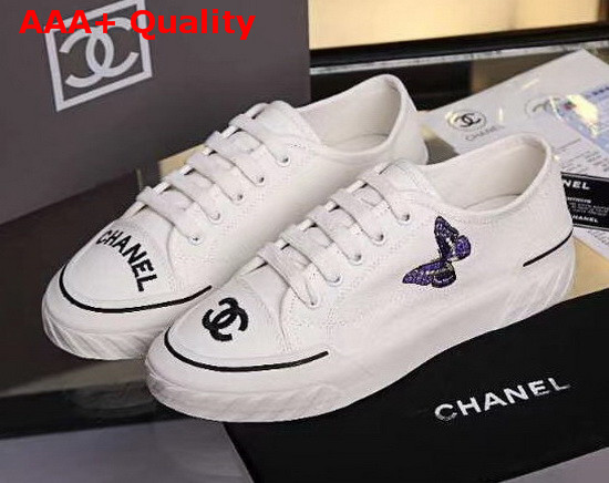 Chanel Sneaker in White Canvas with Blue Embroidered Butterfly Replica