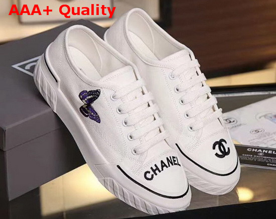 Chanel Sneaker in White Canvas with Blue Embroidered Butterfly Replica