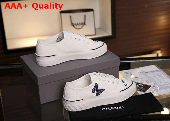 Chanel Sneaker in White Canvas with Blue Embroidered Butterfly Replica