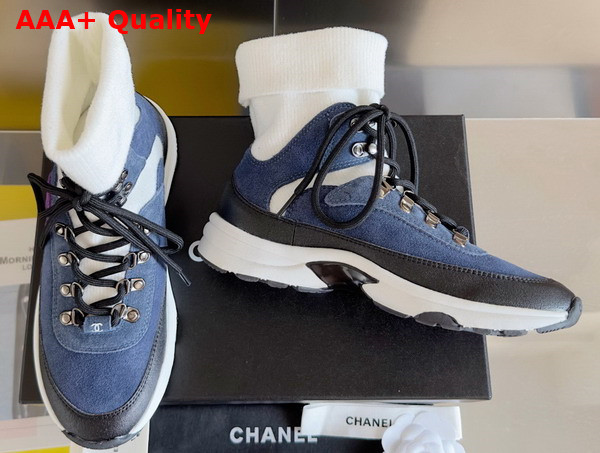 Chanel Sneakers Suede Calfskin and Knit Dark Blue and Light Gray G45204 Replica