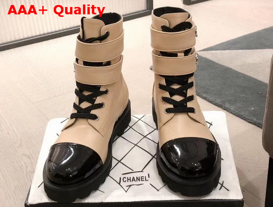 Chanel Strap Ankle Boots in Beige Calfskin and Black Patent Leather Replica