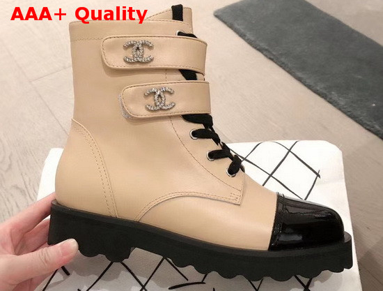 Chanel Strap Ankle Boots in Beige Calfskin and Black Patent Leather Replica