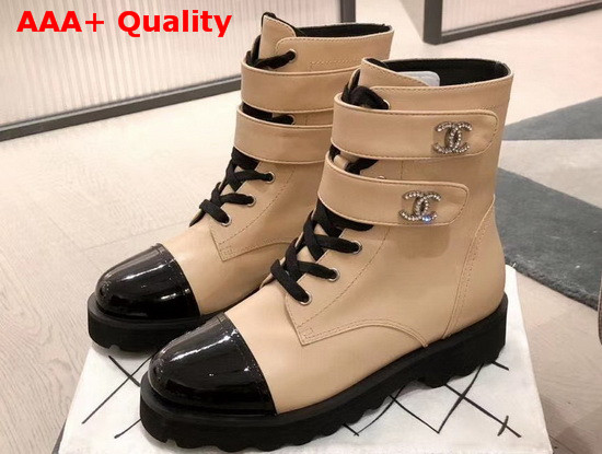 Chanel Strap Ankle Boots in Beige Calfskin and Black Patent Leather Replica