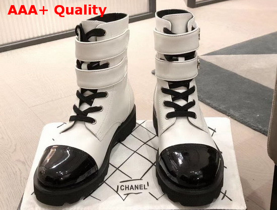 Chanel Strap Ankle Boots in White Calfskin and Black Patent Leather Replica