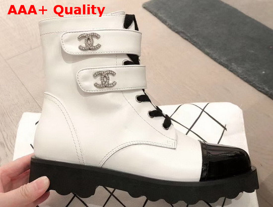 Chanel Strap Ankle Boots in White Calfskin and Black Patent Leather Replica