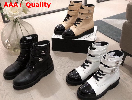 Chanel Strap Ankle Boots in White Calfskin and Black Patent Leather Replica