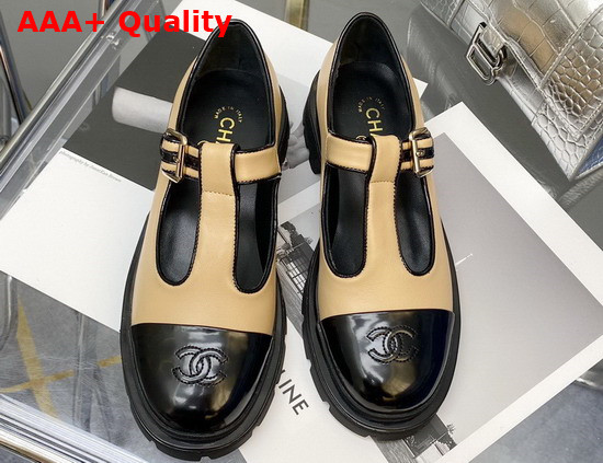 Chanel T Strap Shoes in Beige and Black Leather Replica