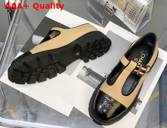 Chanel T Strap Shoes in Beige and Black Leather Replica