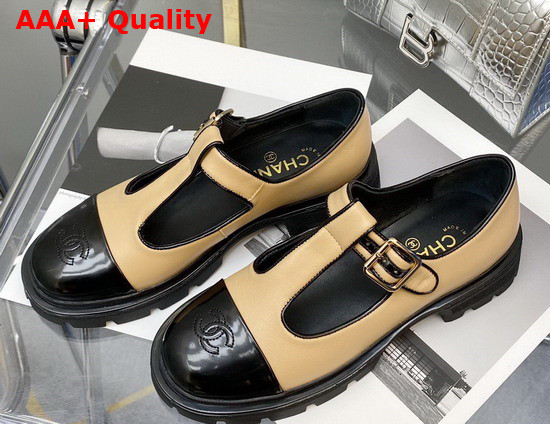 Chanel T Strap Shoes in Beige and Black Leather Replica