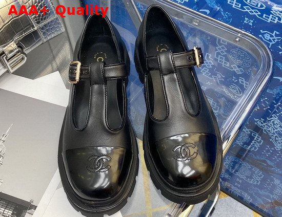 Chanel T Strap Shoes in Black Calfskin and Patent Leather Replica