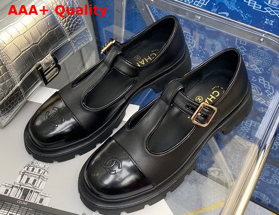 Chanel T Strap Shoes in Black Calfskin and Patent Leather Replica